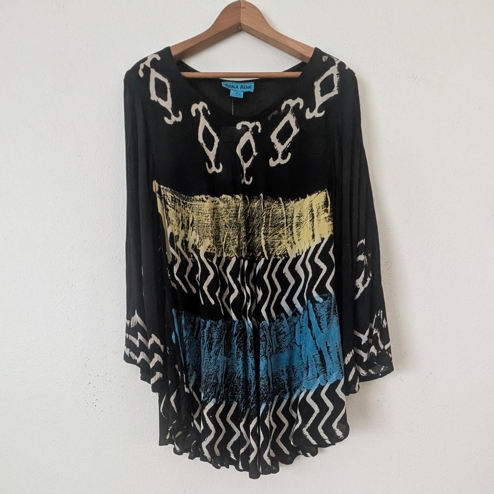 Aqua Blue Batik Print Tunic, Rayon, NWT One Size Fits Most Plus Size Artsy